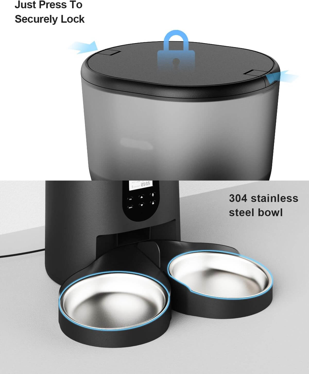 Dual pet automatic feeder with secure lock lid and 304 stainless steel bowls for pet meals.