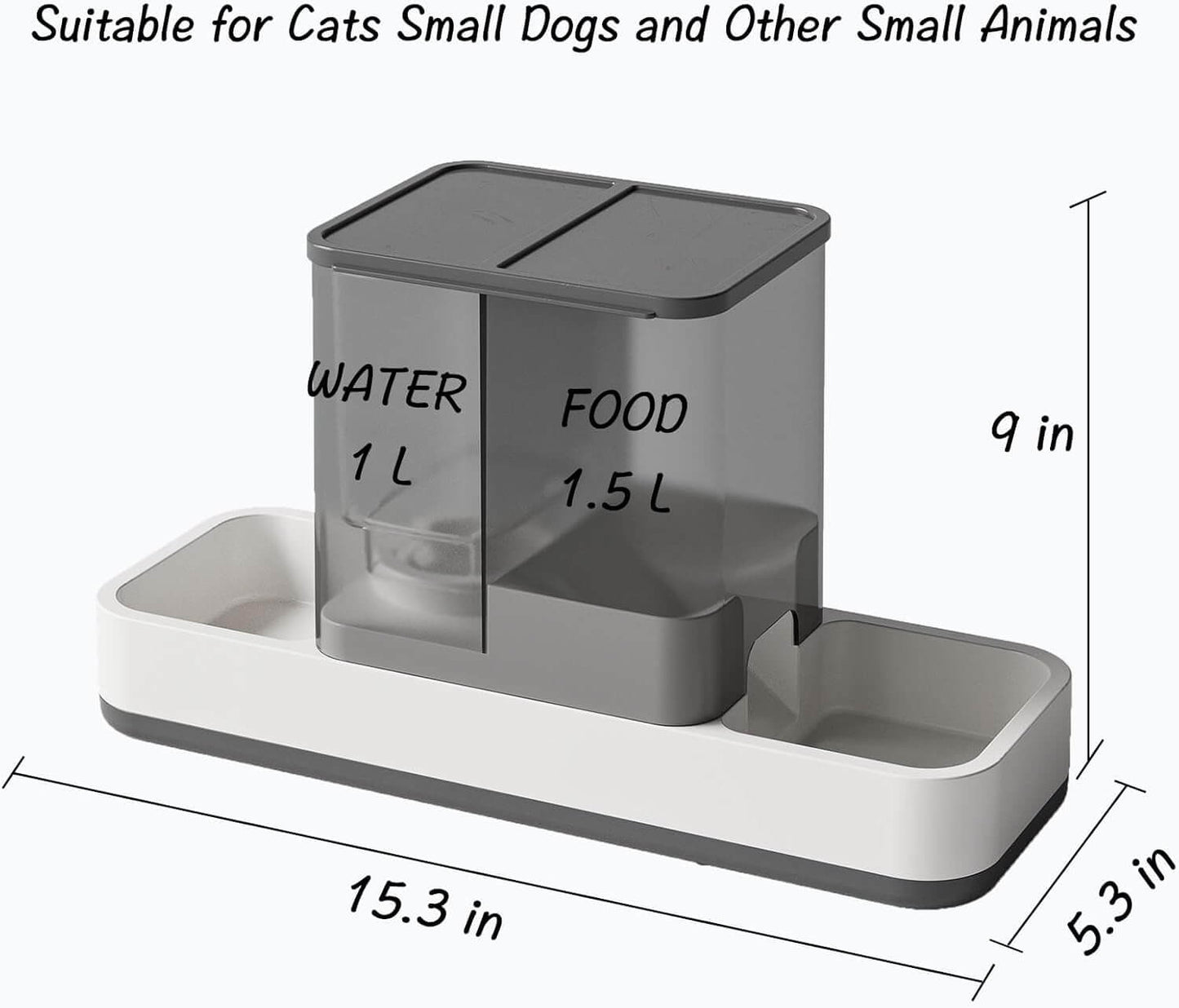 Gravity pet feeder and waterer designed for small pets, featuring 1.5L food and 1L water capacity.