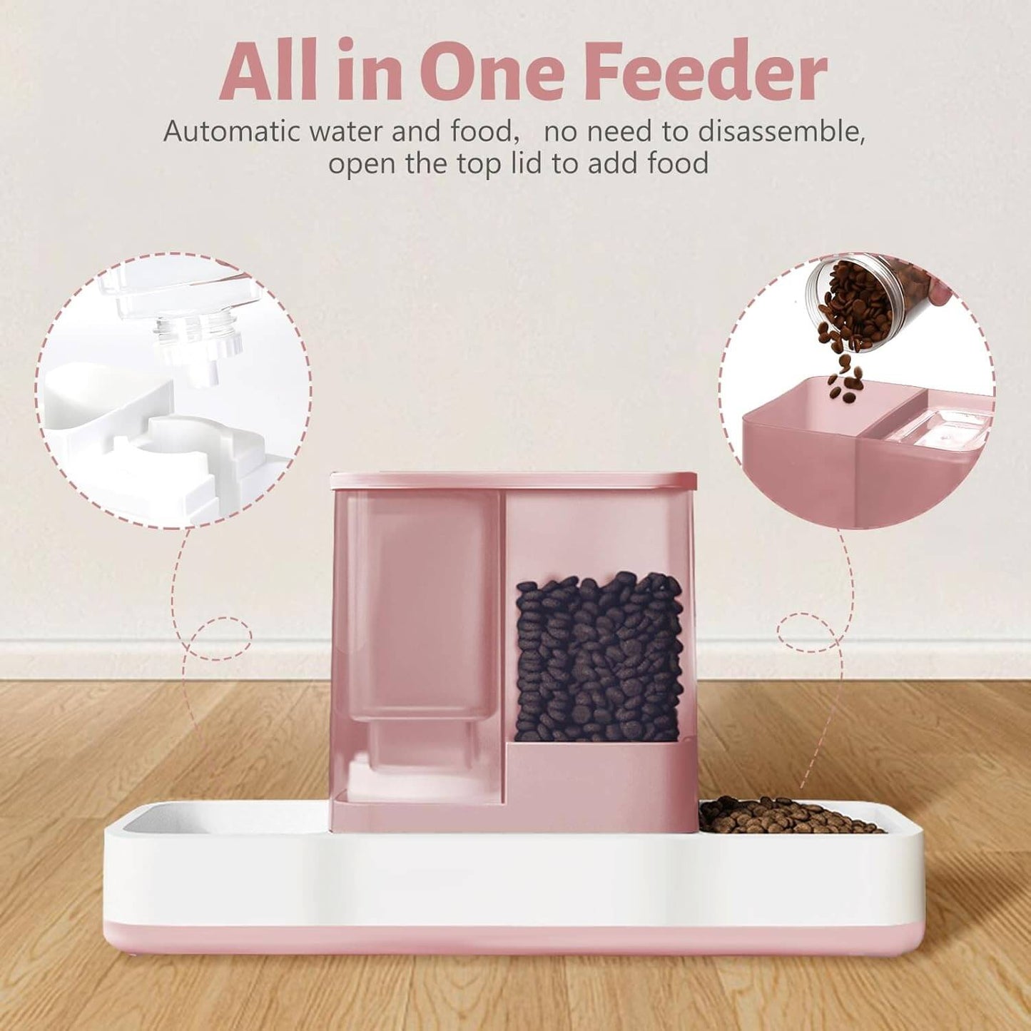 gravity pet feeder with automatic water and food dispenser for small pets, easy top lid access for refilling