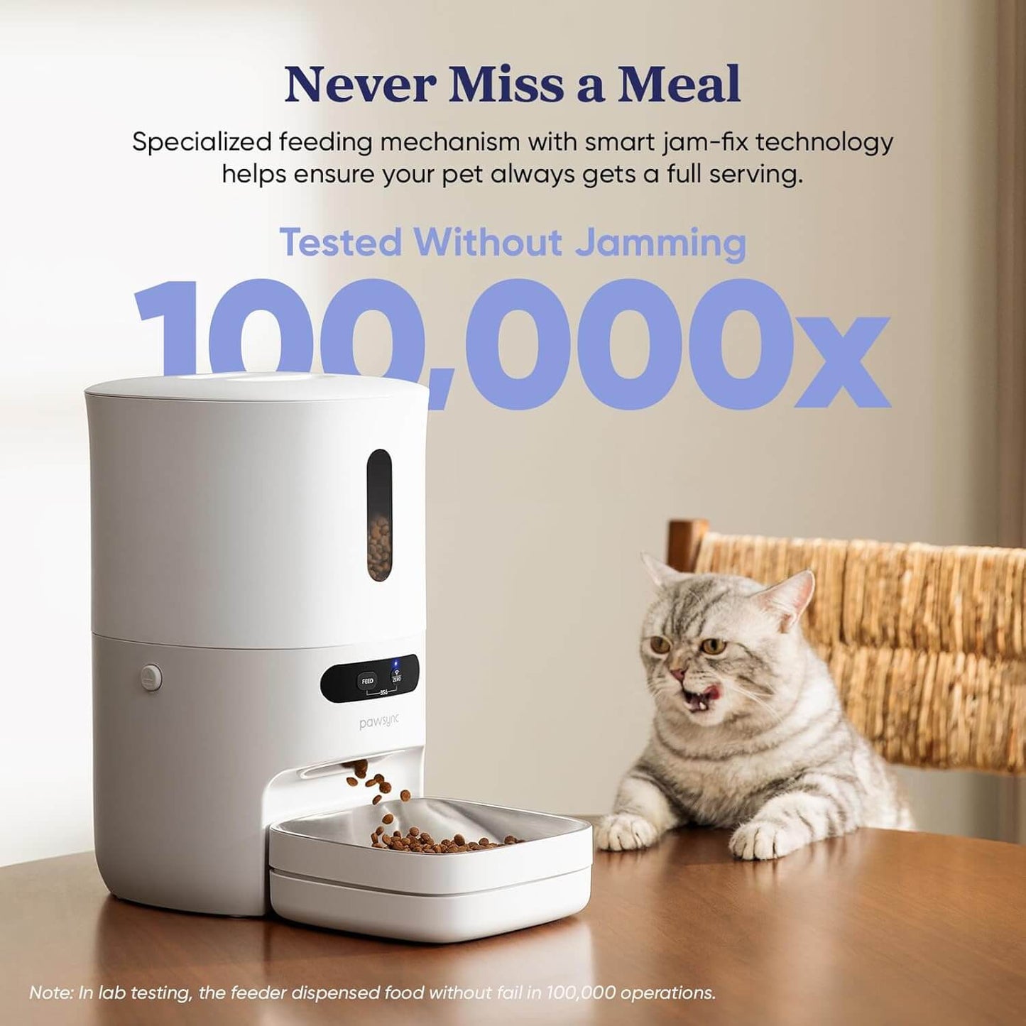 Smart WiFi pet feeder with jam-fix technology ensures reliable meal dispensing for your pet.