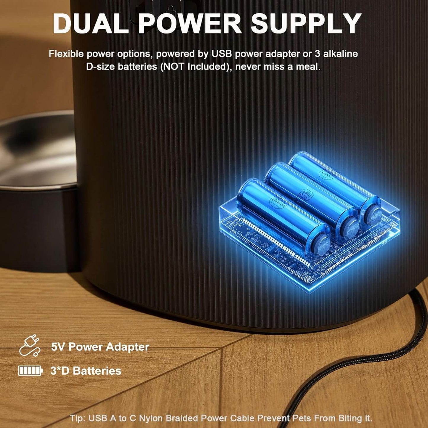 WiFi Smart Pet Feeder with App Control showing dual power supply options: USB adapter and 3 D-size batteries.
