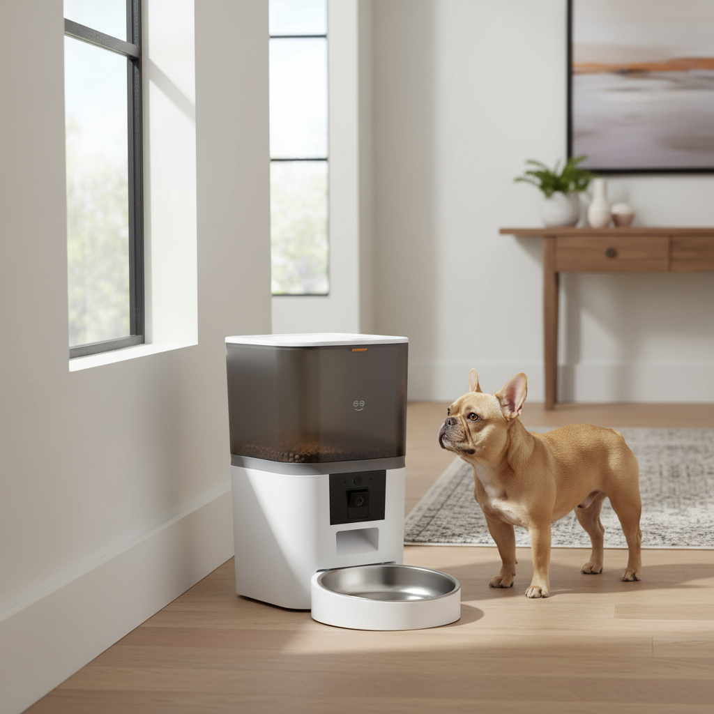 French Bulldog with feeder in hallway