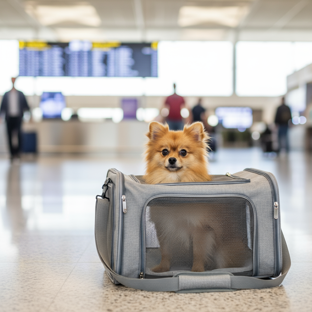 Grijze pet carrier op airport met bokeh