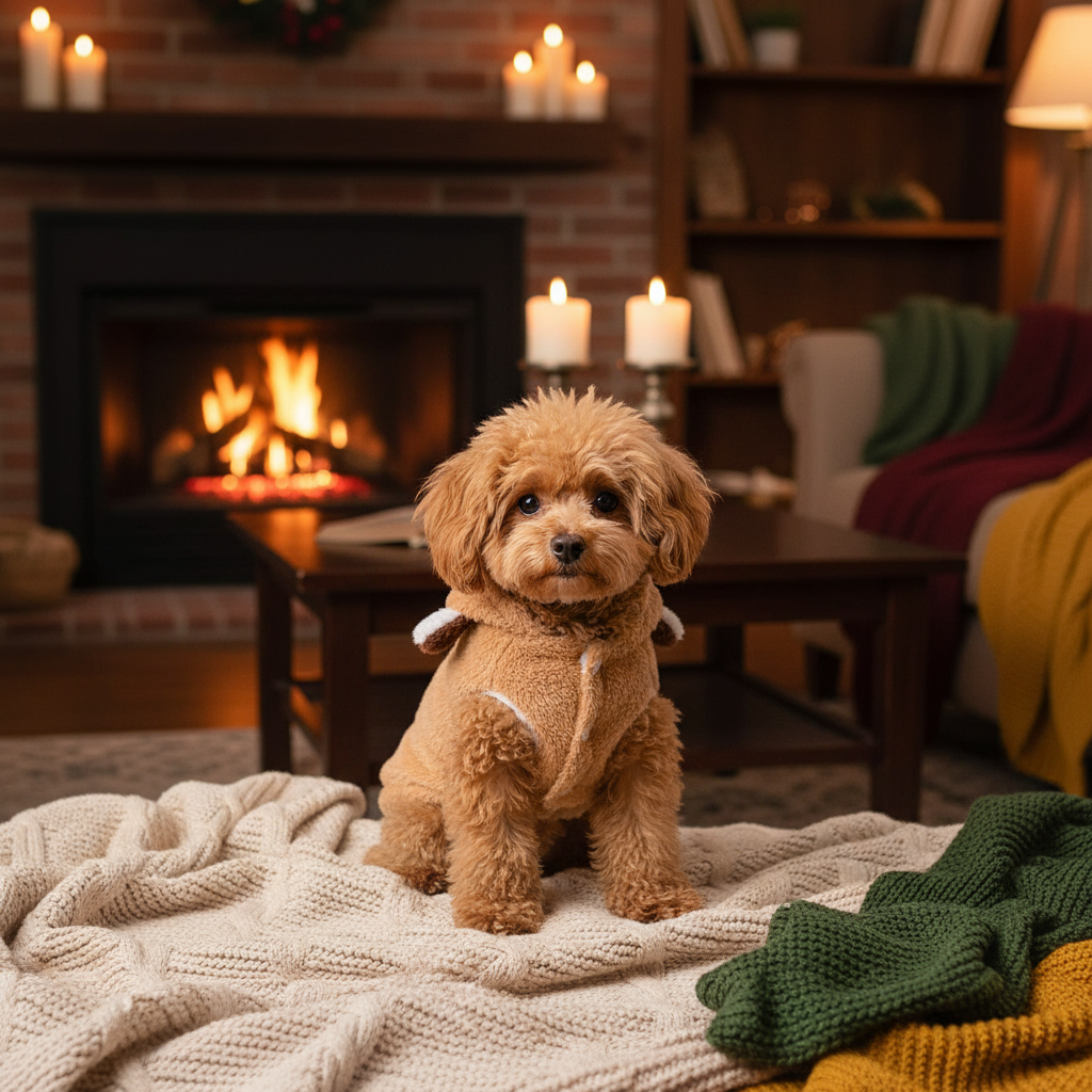 Small dog in a sweater sitting on a blanket in a cozy living room with a fireplace.
