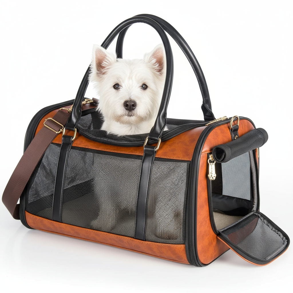 Kalm hondje met gesloten bek in carrier