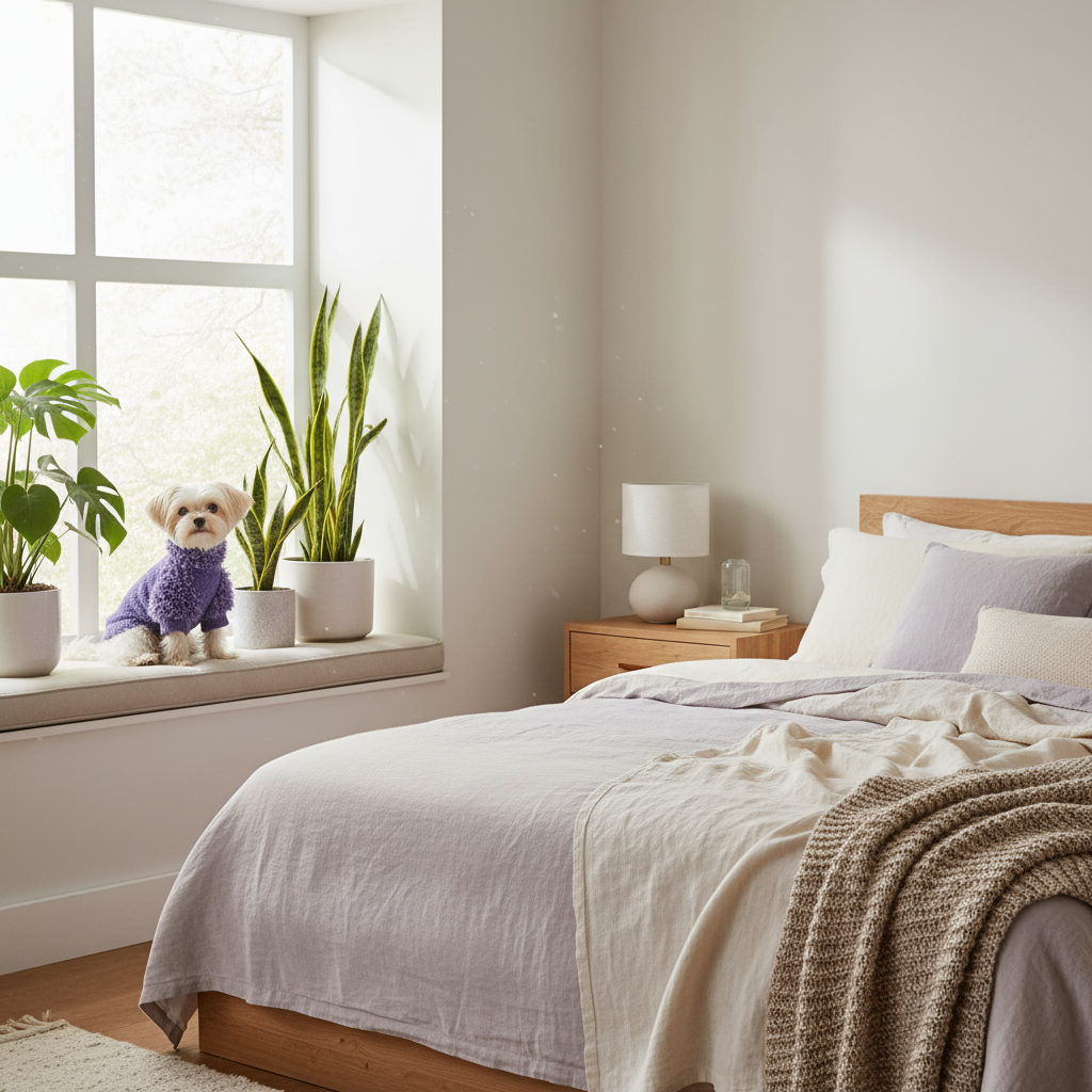 Cozy bedroom with a dog in a purple sweater by a window with plants.