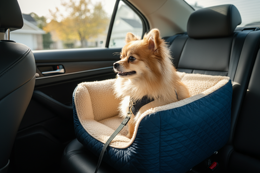 Small dog safely secured in car seat booster - safe pet travel