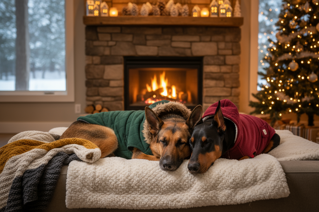 Dogs in cozy winter living room - winter pet care essentials