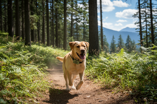 Active dog wearing GPS tracker outdoors - real-time pet tracking