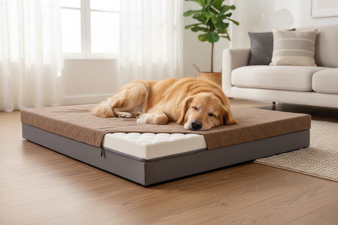 Large dog sleeping comfortably on orthopedic memory foam dog bed - ultimate guide to choosing the best dog bed