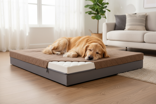 Large dog sleeping comfortably on orthopedic memory foam dog bed - ultimate guide to choosing the best dog bed