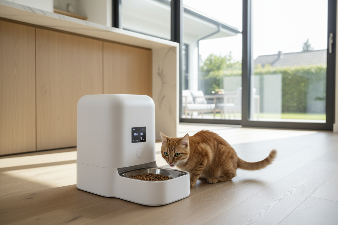 Smart automatic pet feeder with cat eating - WiFi controlled feeding