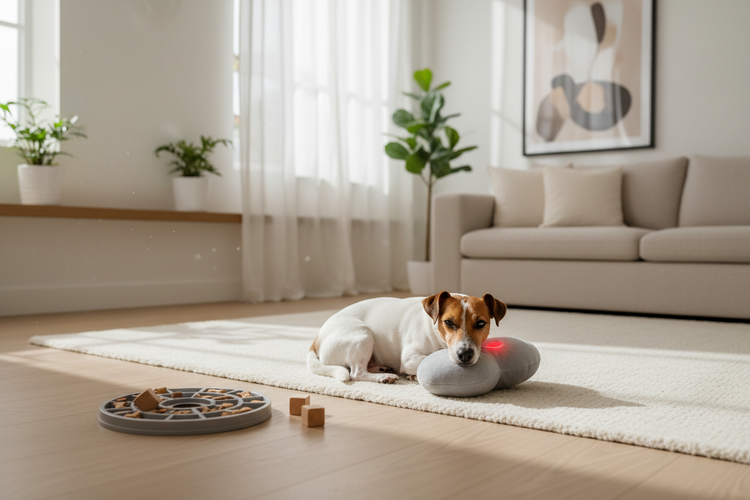 Calming & Enrichment collection featuring snuffle toys, puzzle feeders, and chew toys on a wooden floor.