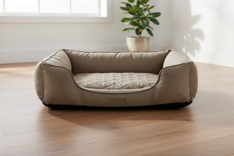 Orthopedic dog beds for joint support in a cozy, quilted design on a hardwood floor.