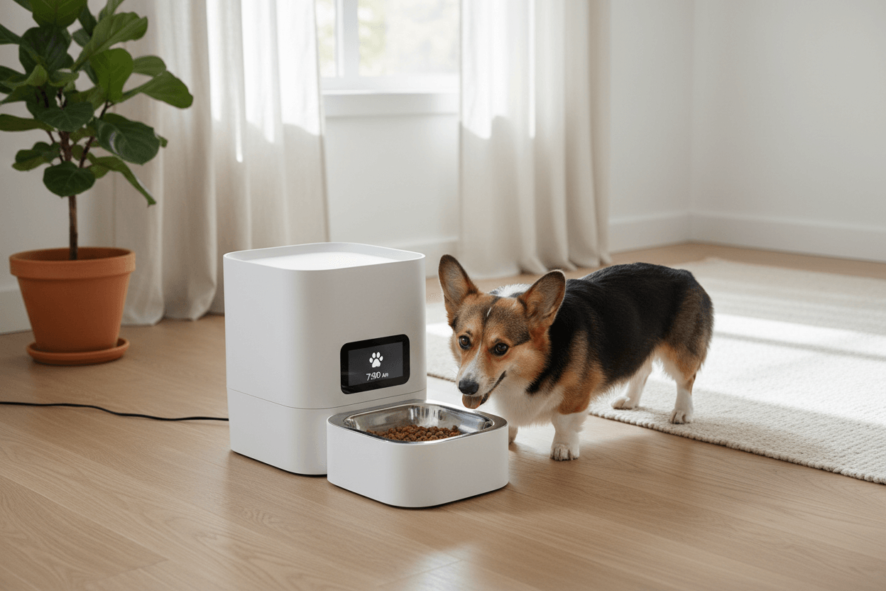 Smart Feeding Essentials: Automatic pet feeder with a corgi enjoying its meal in a modern home setting.