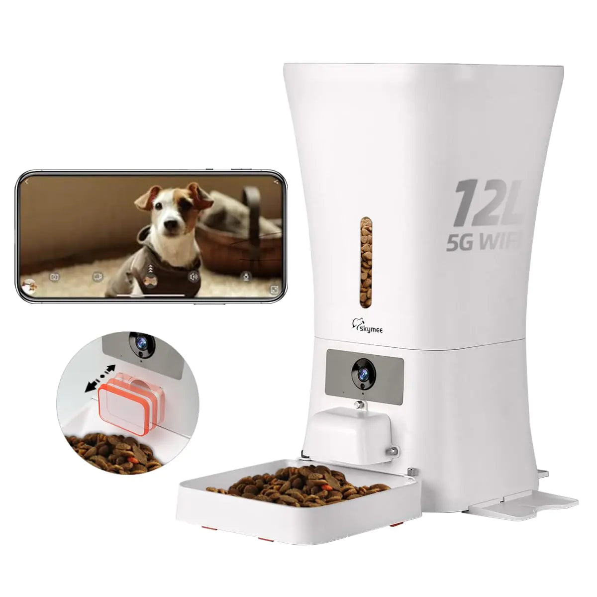 White pet feeder with smartphone displaying a dog and close-up of food being dispensed.