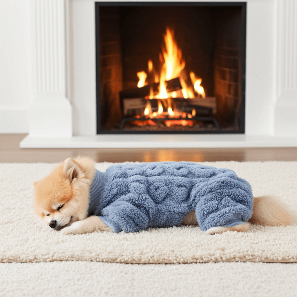 Fleece Pajamas for Small Dogs – 4-Leg Cozy Winter Jumpsuit on a sleeping Pomeranian by the fireplace.