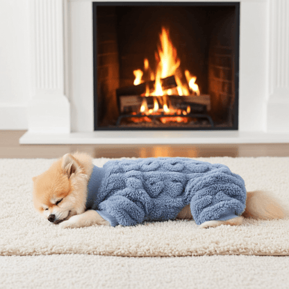 Fleece Pajamas for Small Dogs – 4-Leg Cozy Winter Jumpsuit on a sleeping Pomeranian by the fireplace.