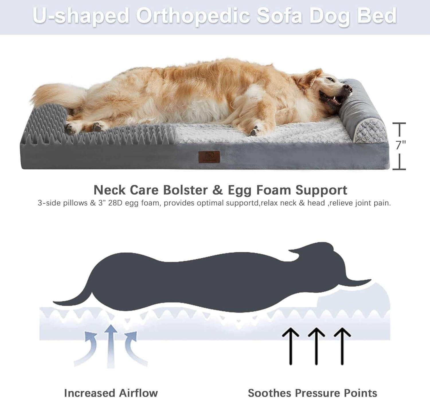 Orthopedic Dog Bed for Large Dogs | Memory Foam Couch, U-shaped design with bolster and egg foam support for comfort.