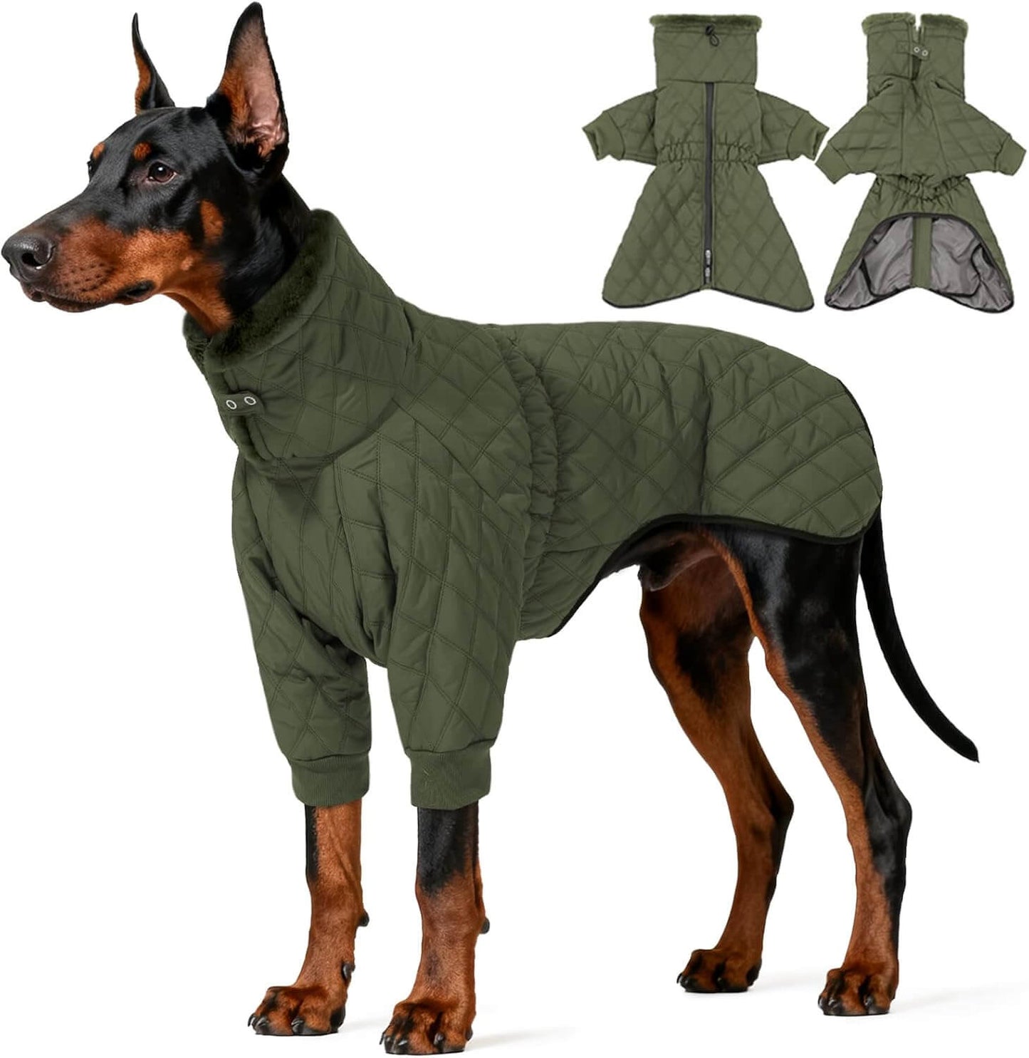 Dog wearing a green quilted jacket with additional jackets displayed on a white background
