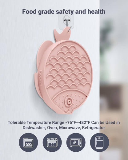 Cat slow feeder and lick mat made of food-grade material with temperature tolerance for versatile use.