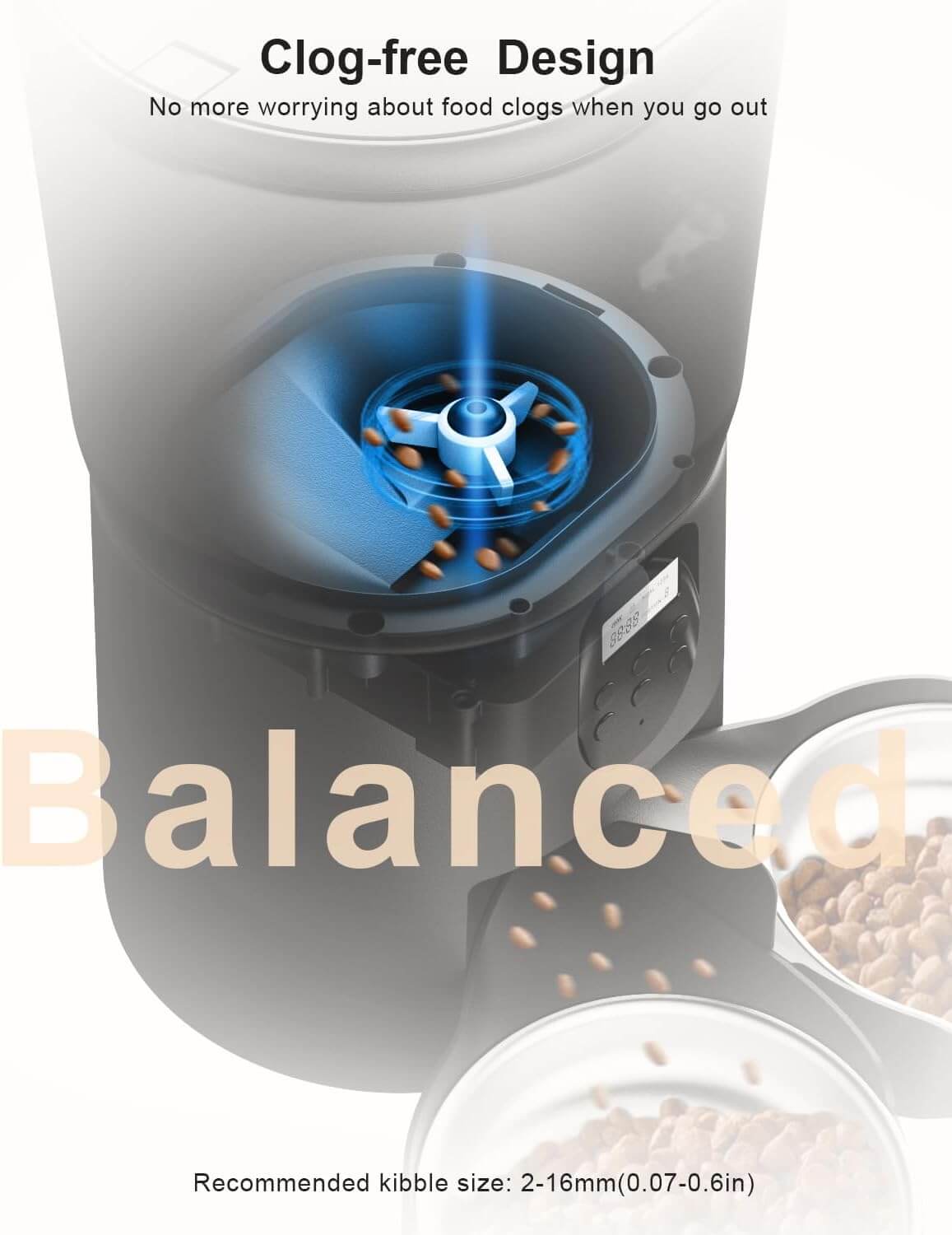 Dual pet automatic feeder with clog-free design for smooth food dispensing and pet-friendly convenience.
