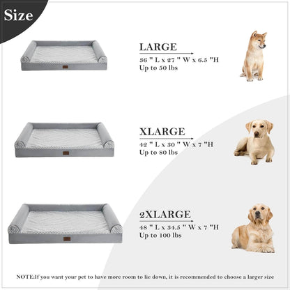 Size chart for Orthopedic Dog Bed for Large Dogs | Memory Foam Couch, showing Large, XLarge, and 2XLarge dimensions.