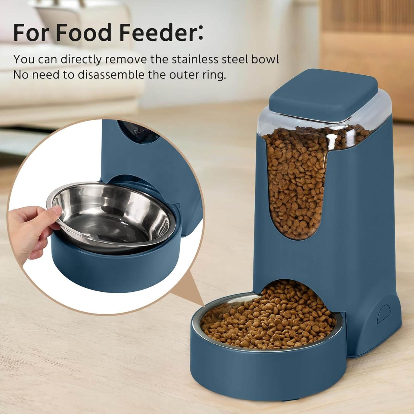 Automatic pet feeder featuring removable stainless steel bowl for easy cleaning and refilling.