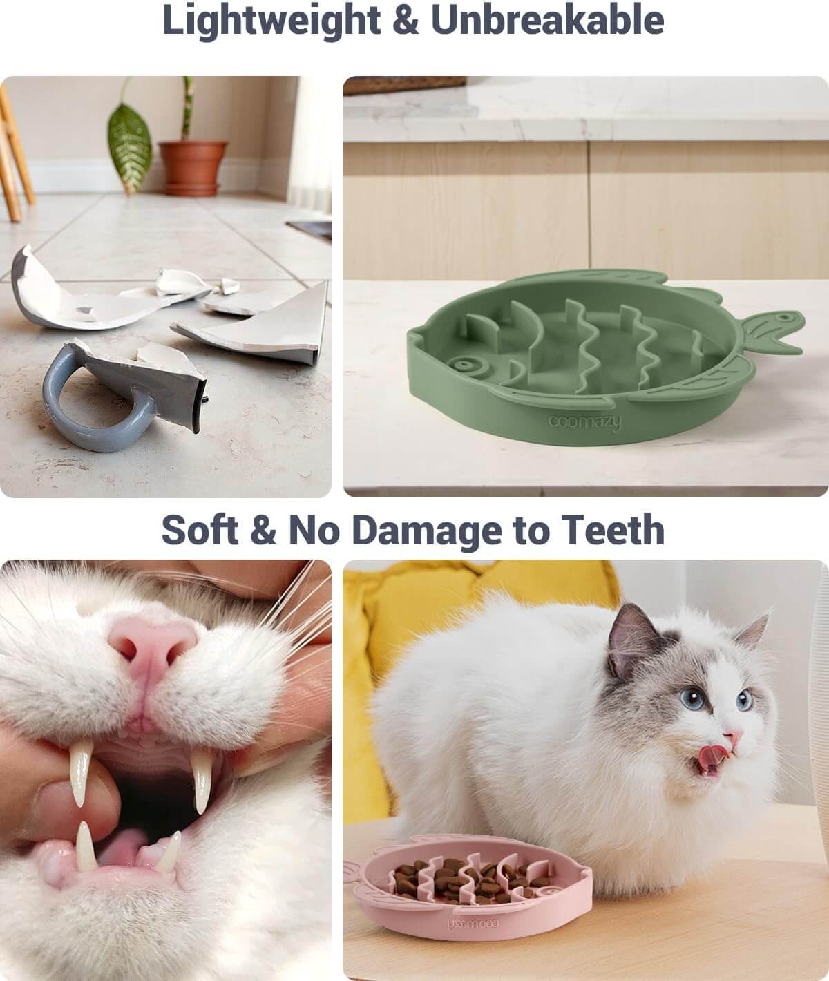 Cat slow feeder and lick mat features lightweight, unbreakable design, soft on teeth for safe mealtime experience.