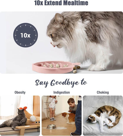 Cat slow feeder and lick mat designed to extend mealtime and reduce risks of obesity, choking, and indigestion.