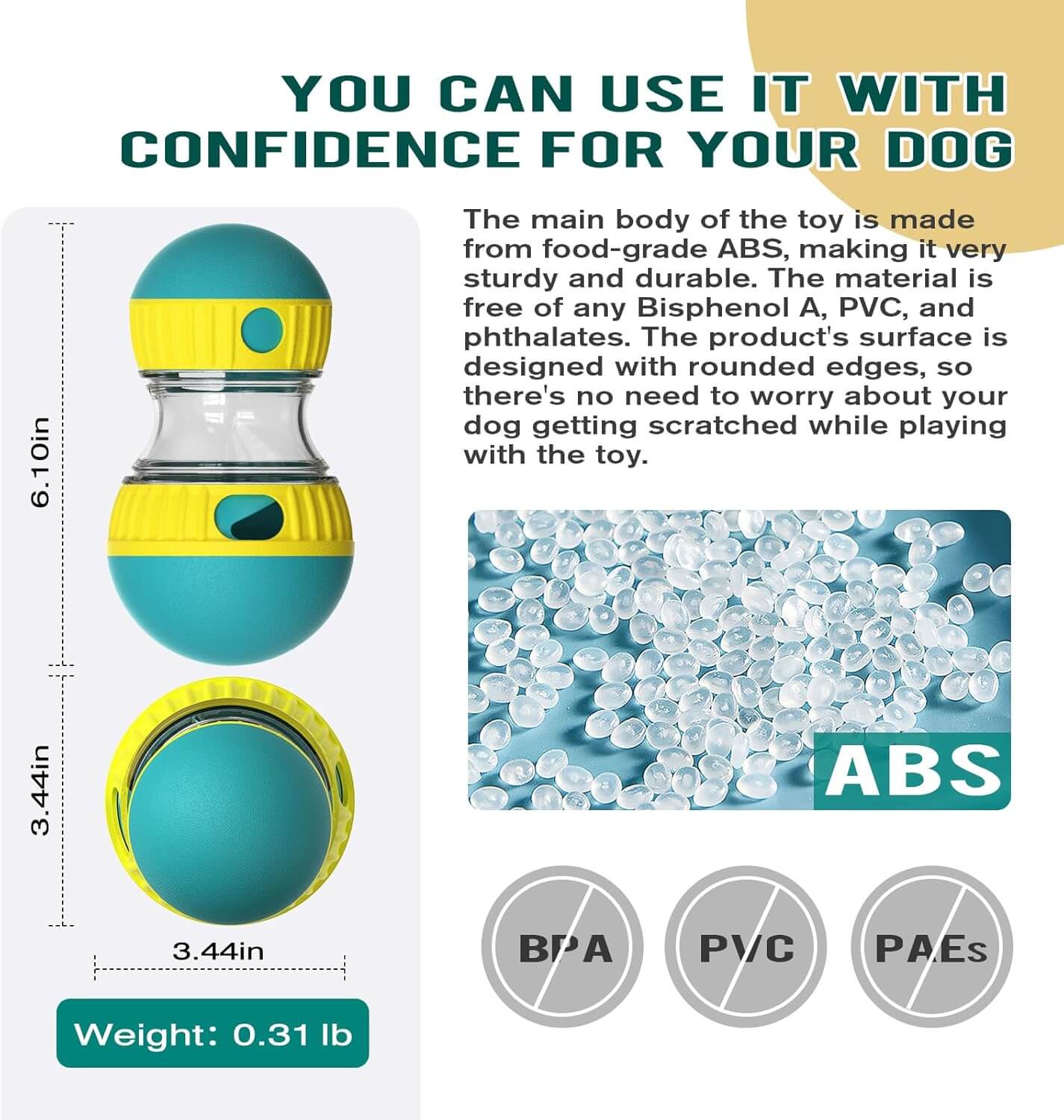 Slow feeder dog toy made from food-grade ABS, ensuring safety and durability for dogs to enjoy while eating.