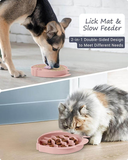 Cat slow feeder and lick mat for healthier eating; 2-in-1 design with raised patterns for interactive mealtime.