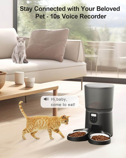 Dual pet automatic feeder with voice recording, two cats near the feeder calling to eat.