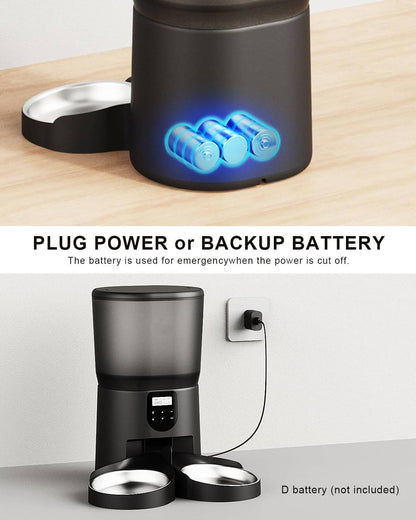 Dual pet automatic feeder showing power plug and backup battery options for reliable feeding.