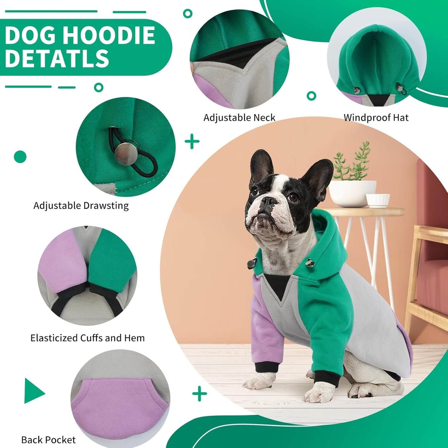 Premium fleece-lined dog hoodie with a windproof hat and back pocket, featuring adjustable neck and cuffs.