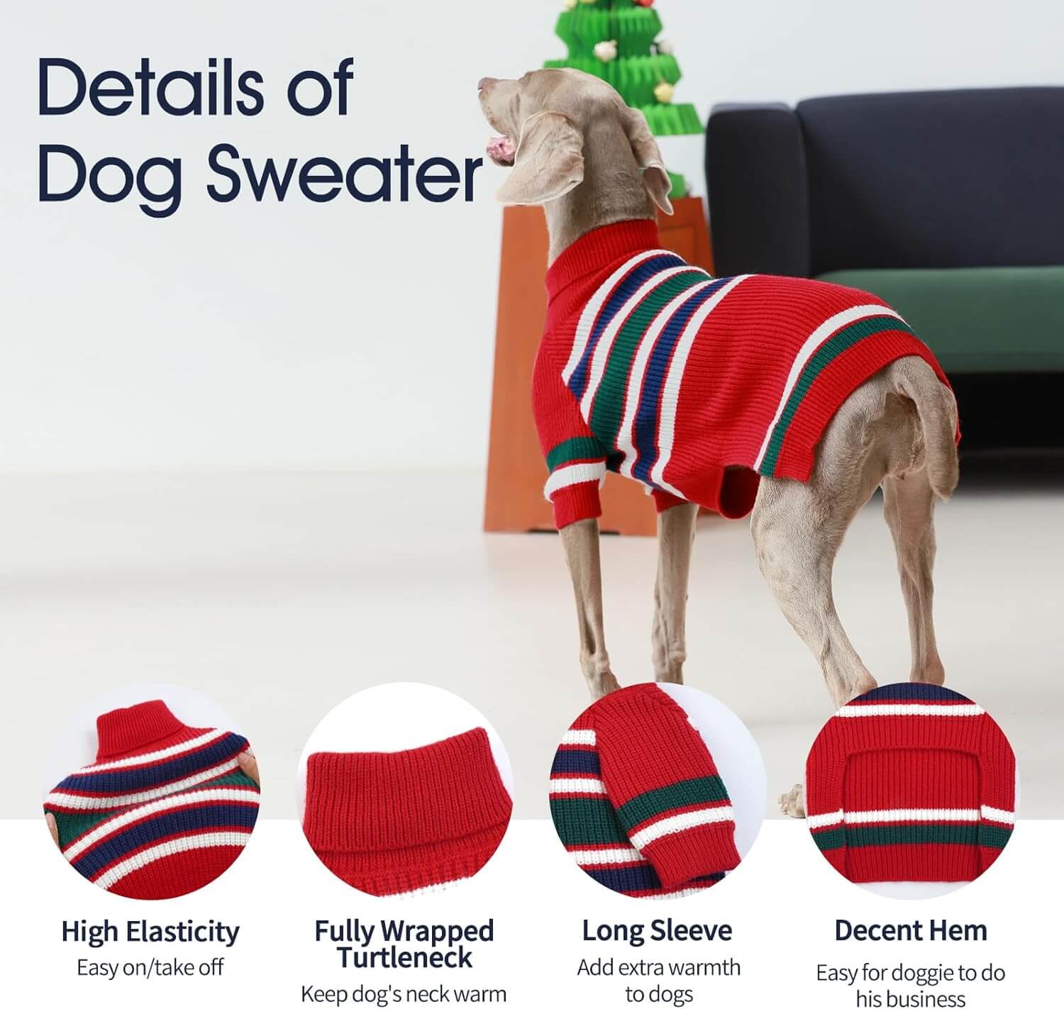 Striped turtleneck dog sweater showing soft inner lining
