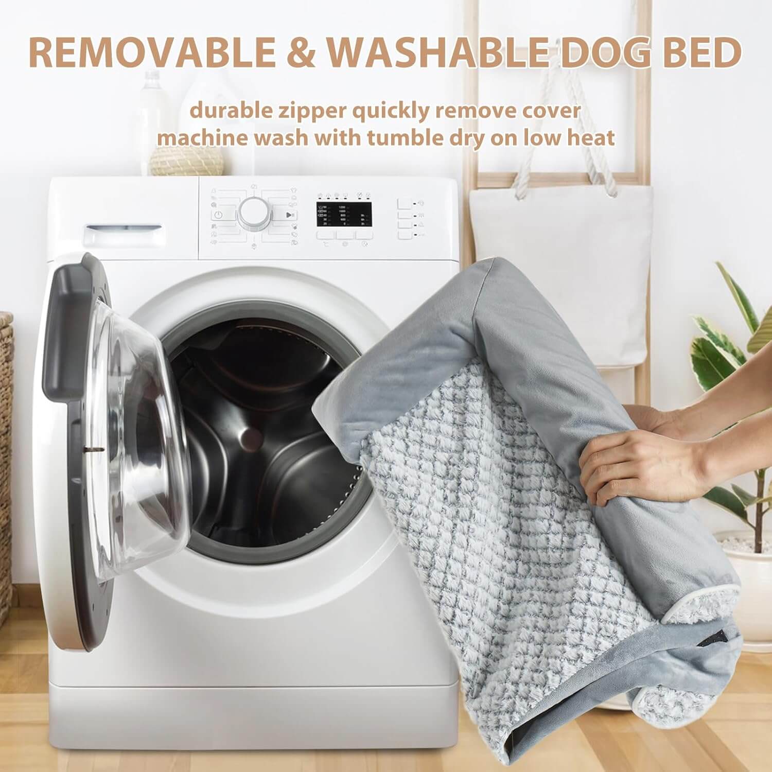 Removable & Washable Dog Bed being placed in washing machine, showcasing durable zipper and machine wash capabilities.