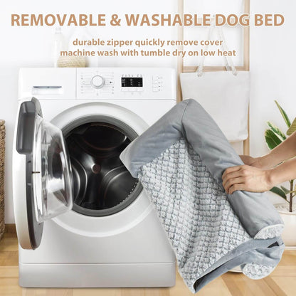 Removable & Washable Dog Bed being placed in washing machine, showcasing durable zipper and machine wash capabilities.