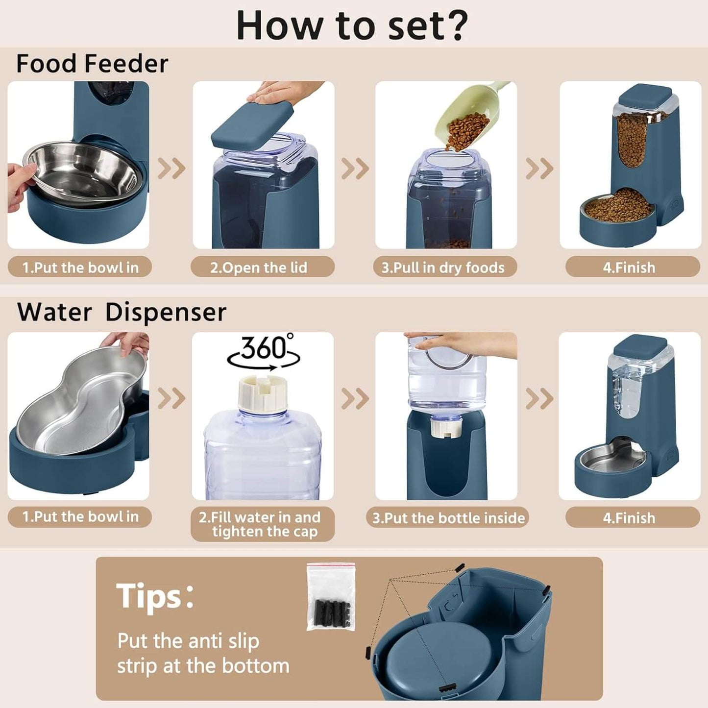 Instructions for setting up an automatic pet feeder and waterer set, featuring easy-to-follow steps.