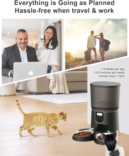 Cats enjoying meals from dual pet automatic feeder while owners work and travel hassle-free.
