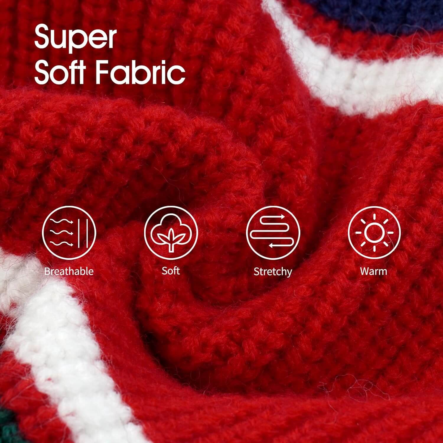 Close-up of striped dog sweater fabric with warm knit texture