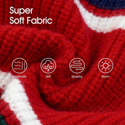 Close-up of striped dog sweater fabric with warm knit texture