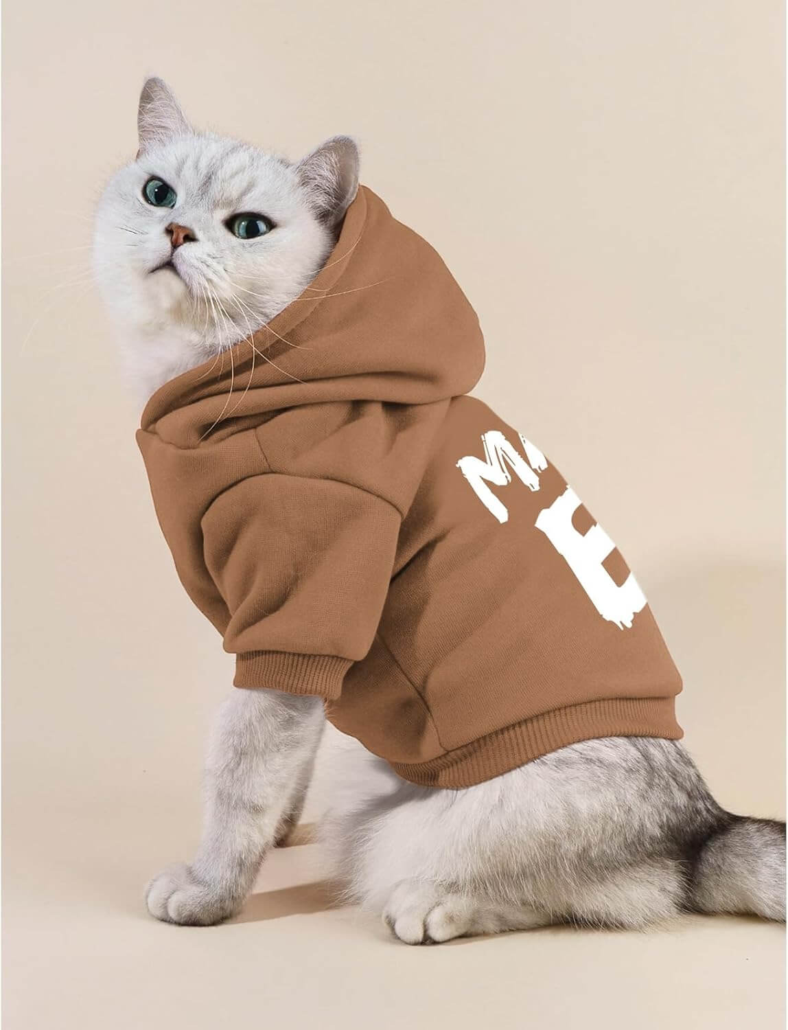 Pet Hoodie - Soft Sweatshirt for Small Dogs & Cats on a playful cat wearing a cozy brown hoodie.
