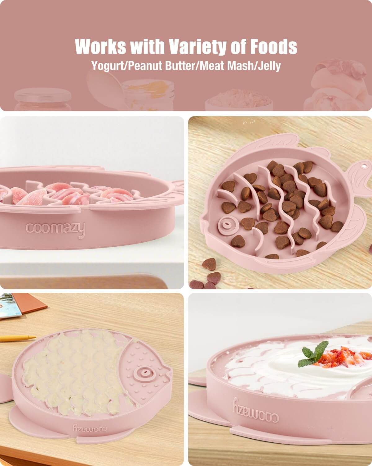 Cat slow feeder and lick mat designed for various foods like yogurt, peanut butter, meat mash, and jelly.