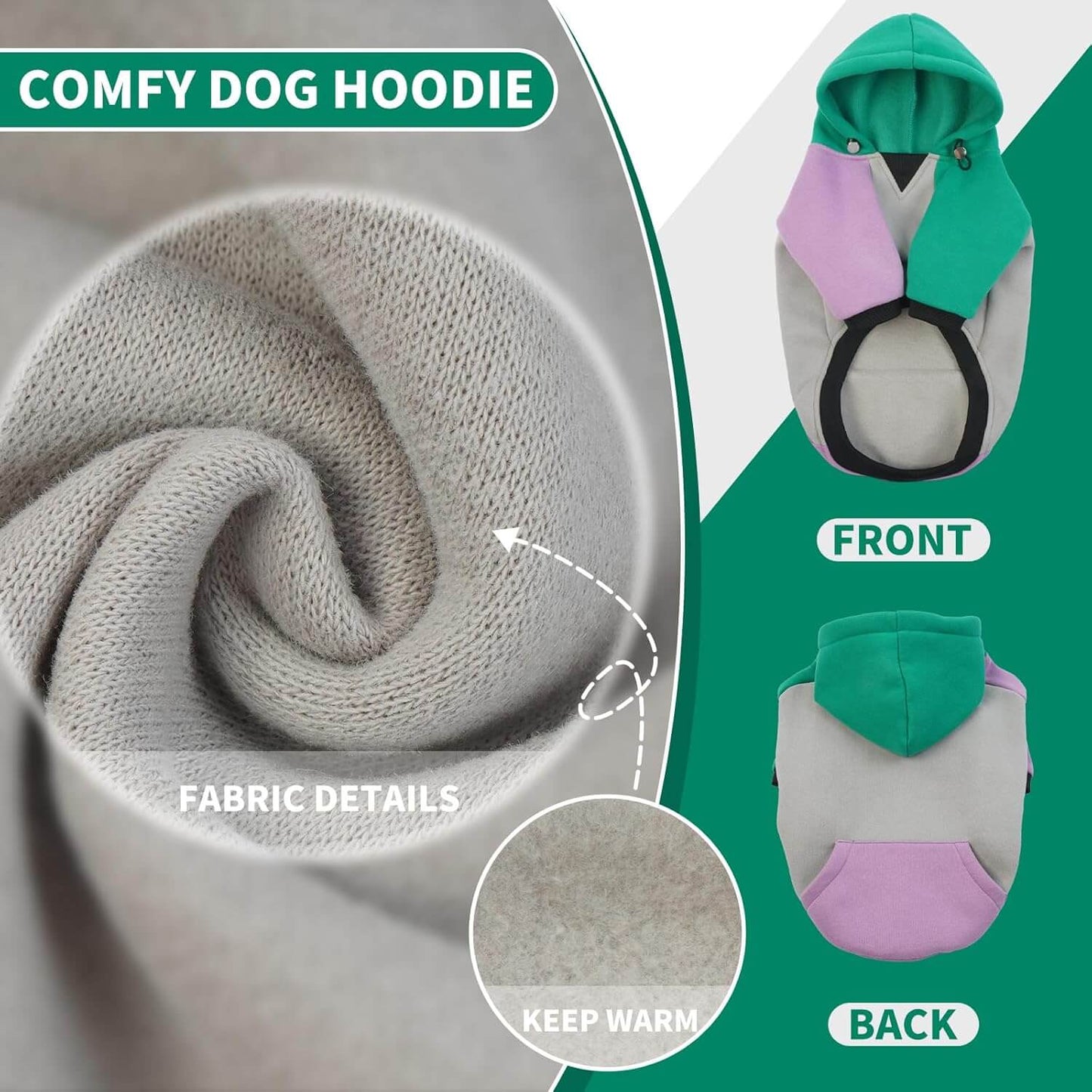 Close-up of fabric details of fleece-lined dog hoodie, showcasing its soft texture and vibrant color-blocking design.