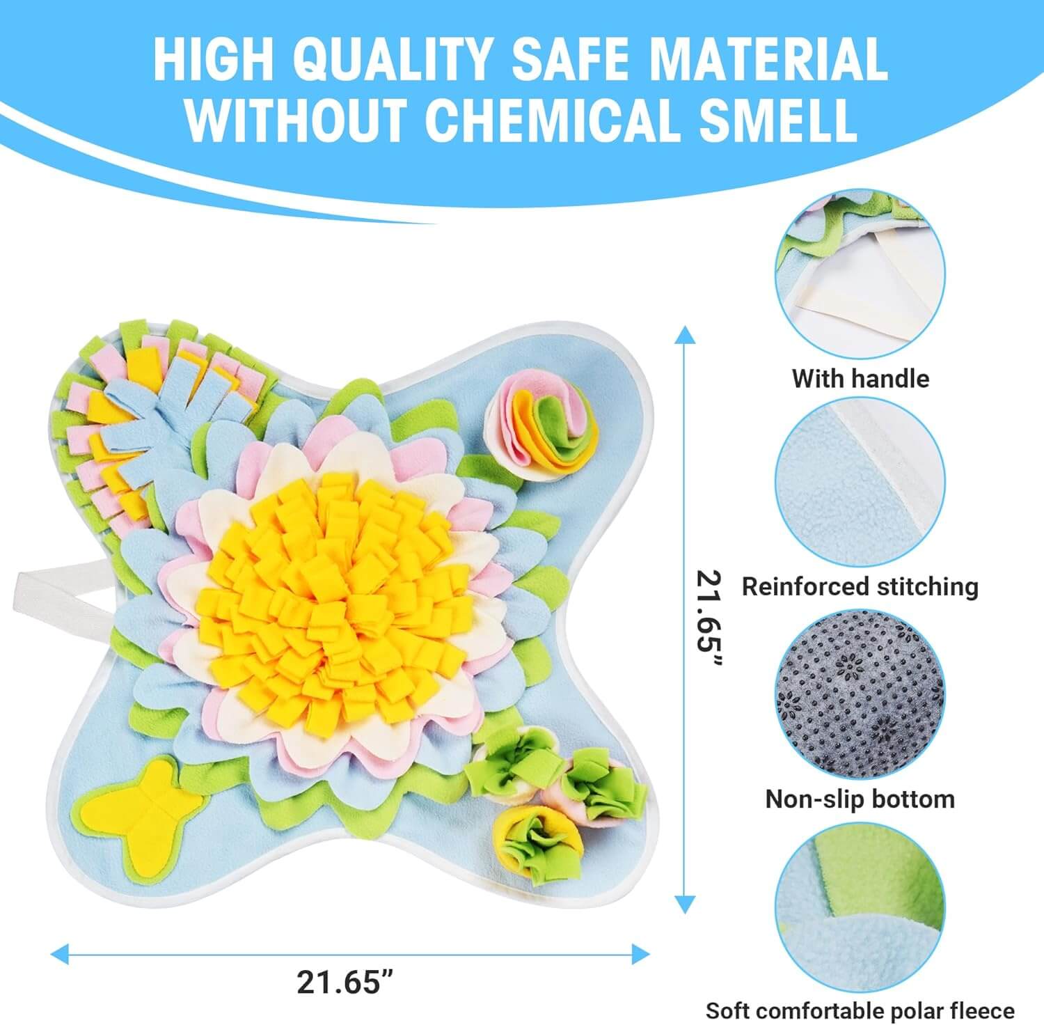 Snuffle mat for dogs made of high-quality, safe material without chemical smell, featuring reinforced stitching and non-slip bottom.