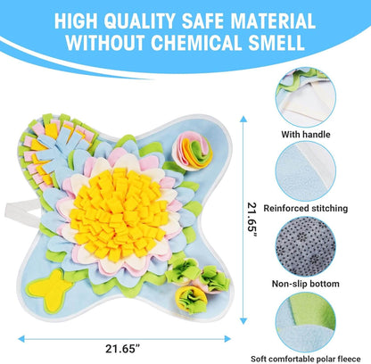 Snuffle mat for dogs made of high-quality, safe material without chemical smell, featuring reinforced stitching and non-slip bottom.