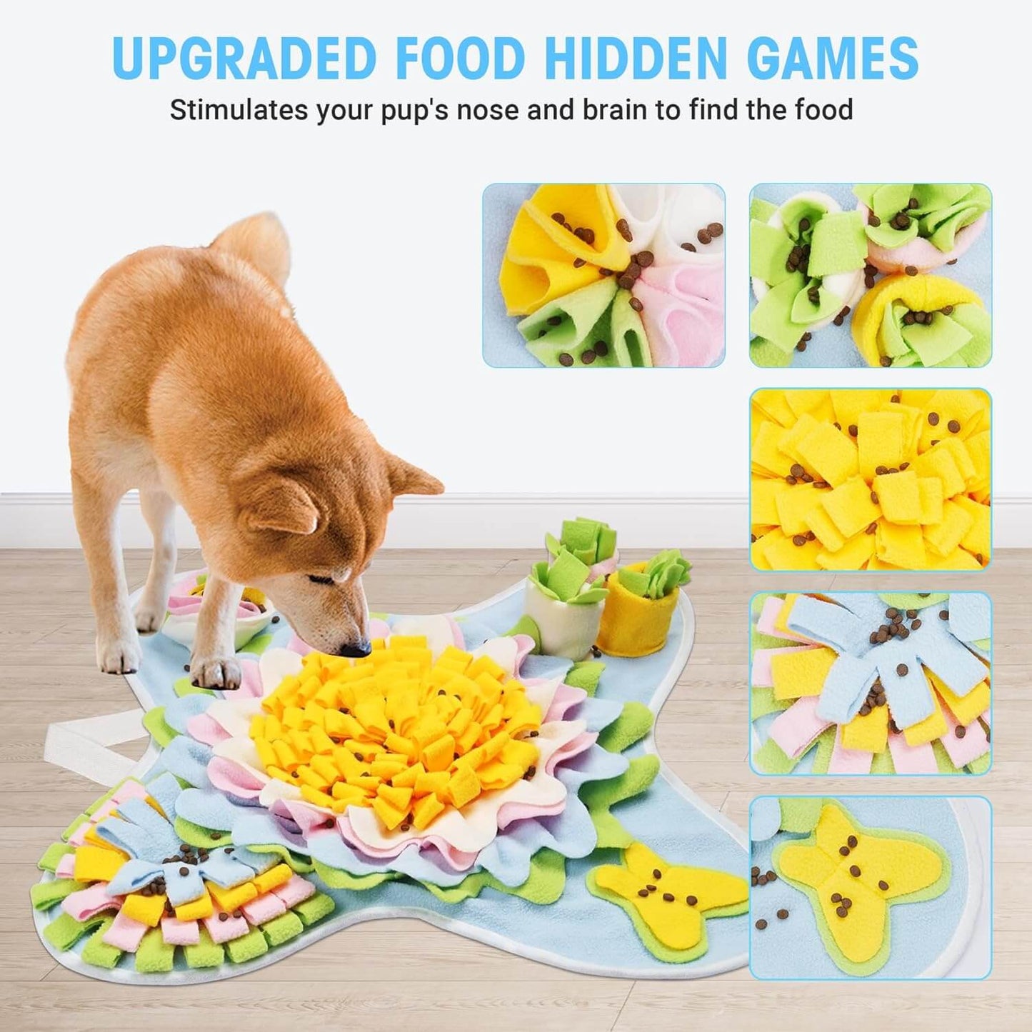 A dog enjoying an upgraded snuffle mat for dogs, searching for hidden treats among colorful fabric flowers and shapes.