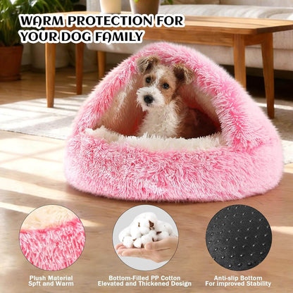 Hooded Plush Pet Bed - For Cats & Dogs