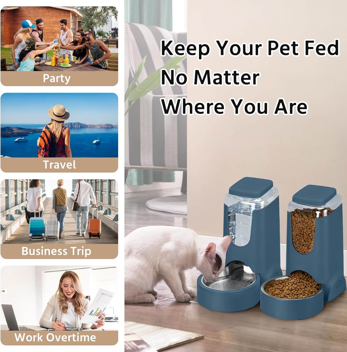 Automatic pet feeder and waterer set, ideal for pet owners during travel, parties, or work overtime.